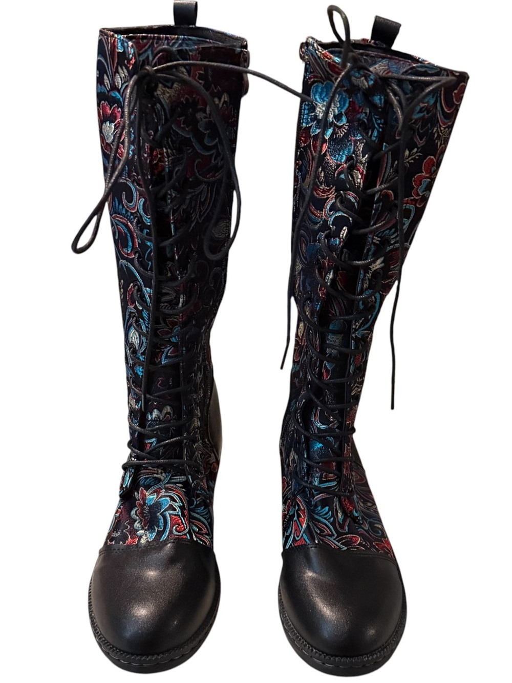 Embroidered Boots ~ Lace-Up ~ Knee Length ~ Zipper on Inside of Leg ~ Floral - Picture 6 of 12
